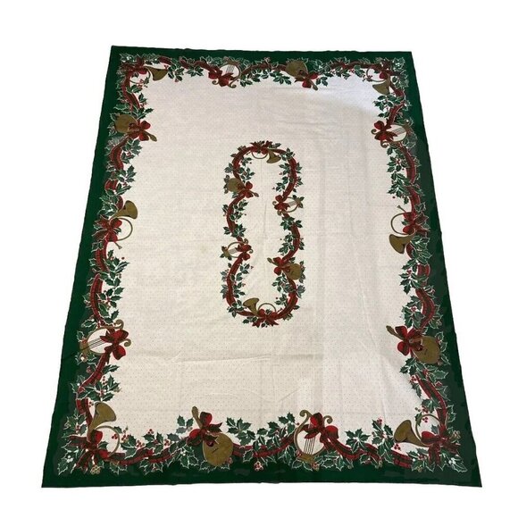 Vintage Set 2 Christmas Tablecloths Round Rectangle Holly Ribbon Holiday Linens - Picture 3 of 16